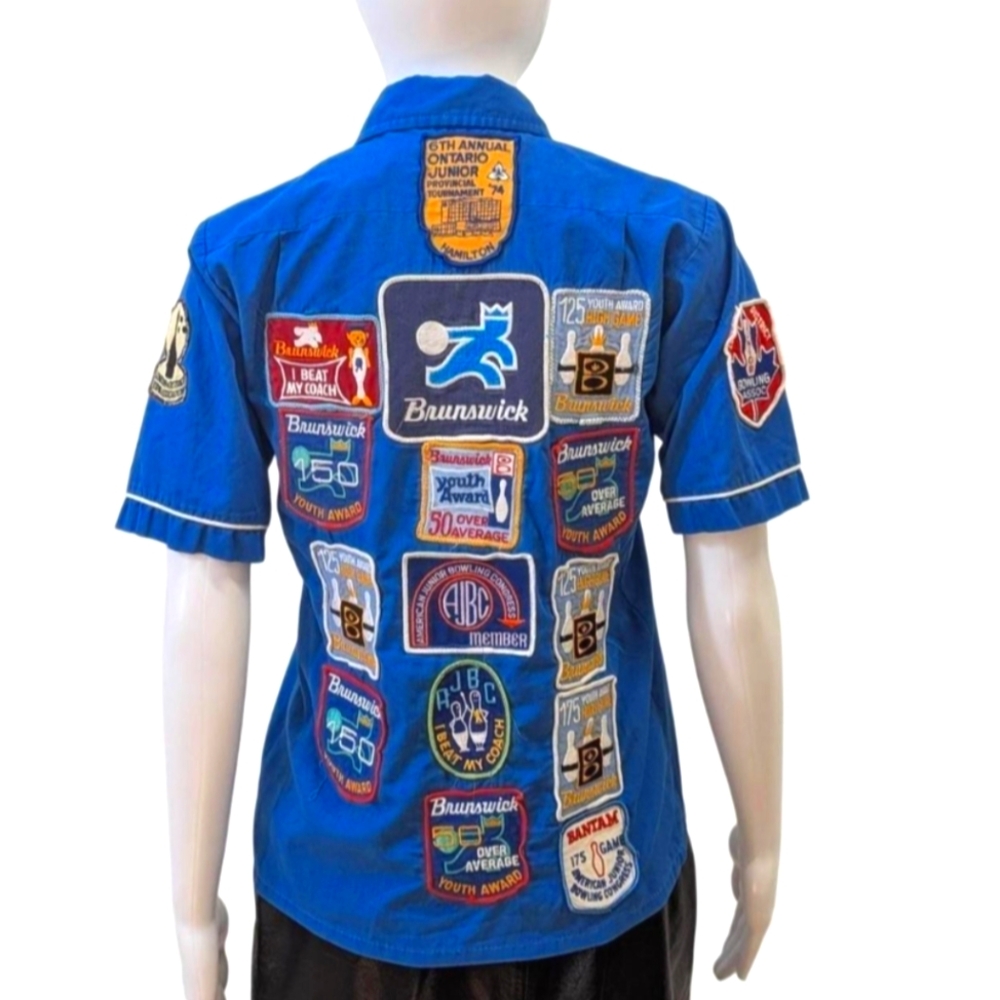 Vintage 1970’s King Louis Brunswick Bowling Shirt Blue and white with embroidere